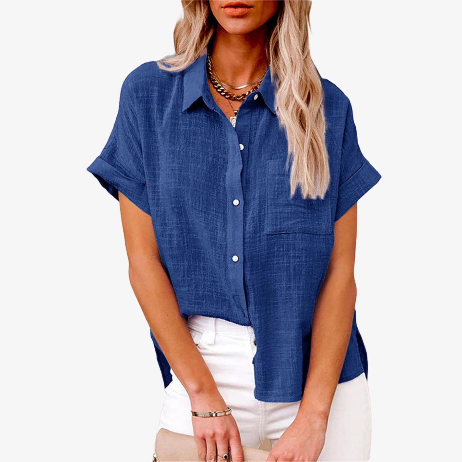 Lightweight white short sleeve women's blouse featuring a button-up front and classic collar, perfect for summer wear. 2