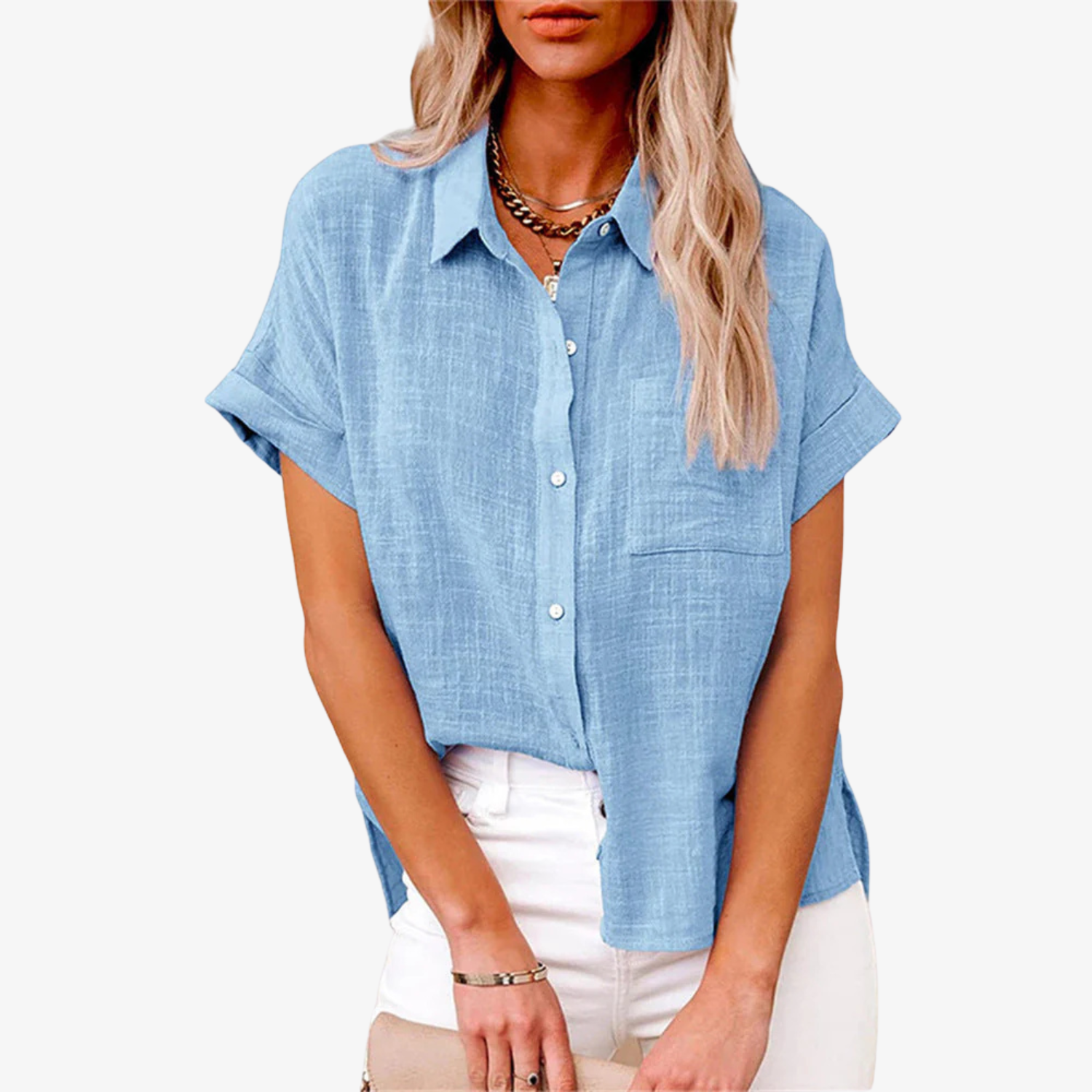Lightweight white short sleeve women's blouse featuring a button-up front and classic collar, perfect for summer wear. 3