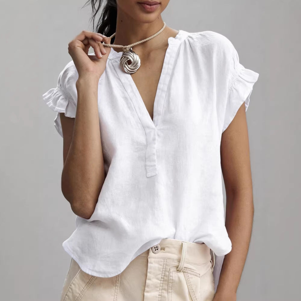 Women's blouse featuring a stylish V-neck and ruffle sleeves, designed for a relaxed fit in lightweight linen, perfect for summer wear. 3
