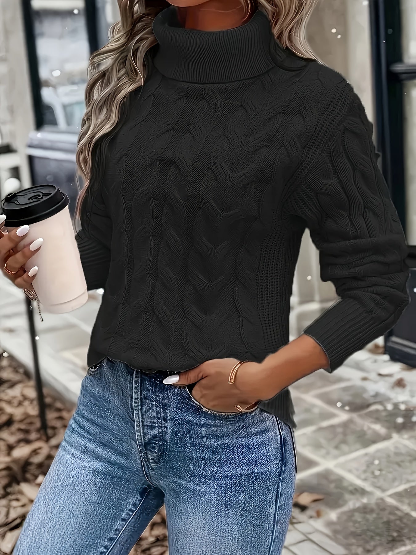 Women's cable-knit turtleneck sweater featuring a relaxed fit, perfect for cozy warmth during autumn and winter seasons. 7
