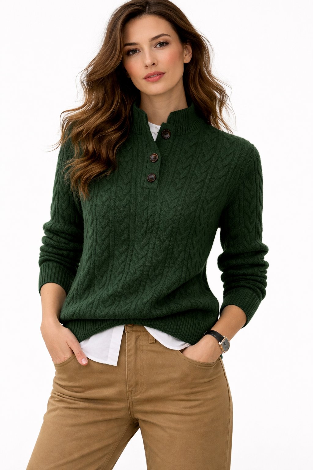 Women's cable knit sweater featuring a stylish button neck, designed for a relaxed fit in a soft wool-blend, perfect for both casual and business-cas 1