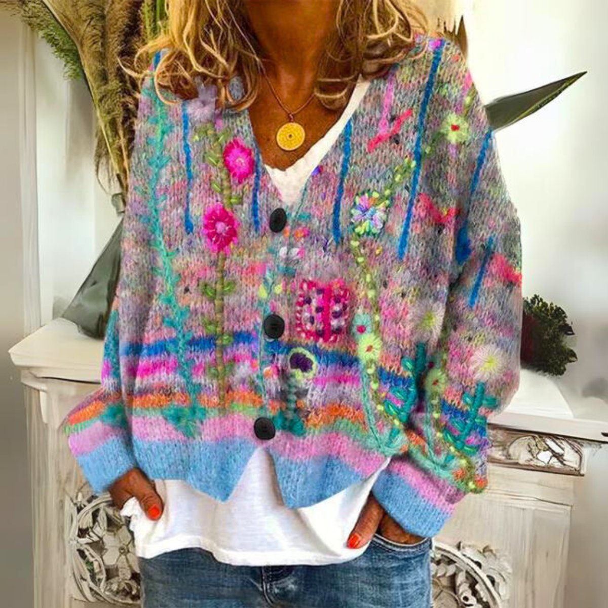Women's cardigan featuring intricate floral embroidery, button-front design, and long sleeves in a soft knit fabric, ideal for a boho style look. 0
