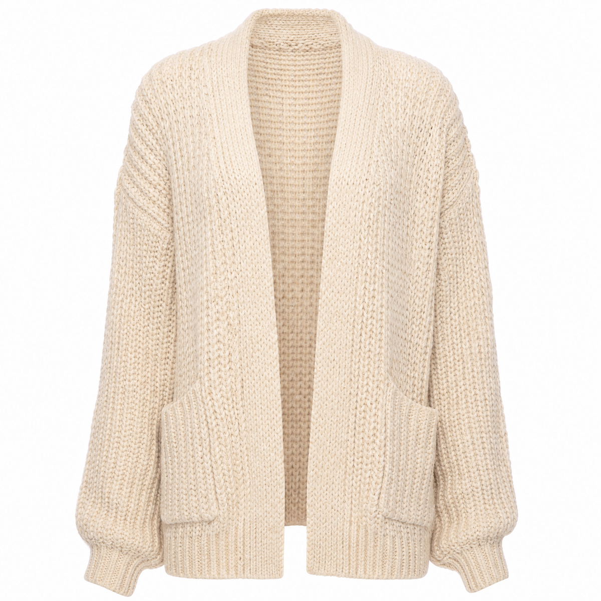 Women's chunky knit cardigan featuring an open front design, crafted from a soft wool-blend in oatmeal cream, designed for a relaxed fit. 0