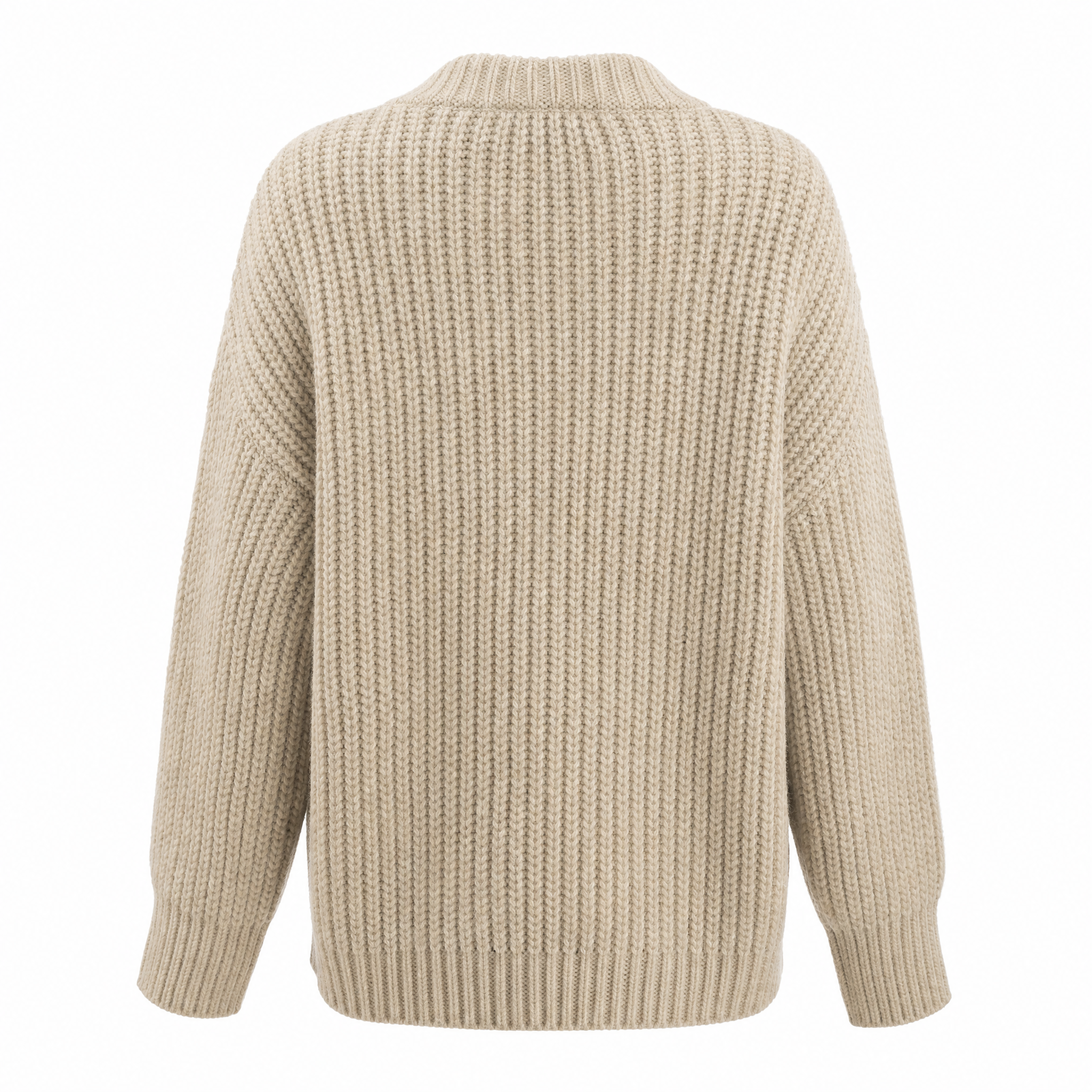 Women's chunky knit cardigan featuring an open front design, crafted from a soft wool-blend in oatmeal cream, designed for a relaxed fit. 1