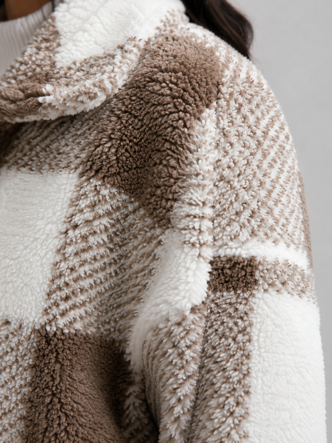 Women's Cropped Sherpa Jacket with Button Closure in Buffalo Check Pattern, perfect cozy layer for fall fashion. 4