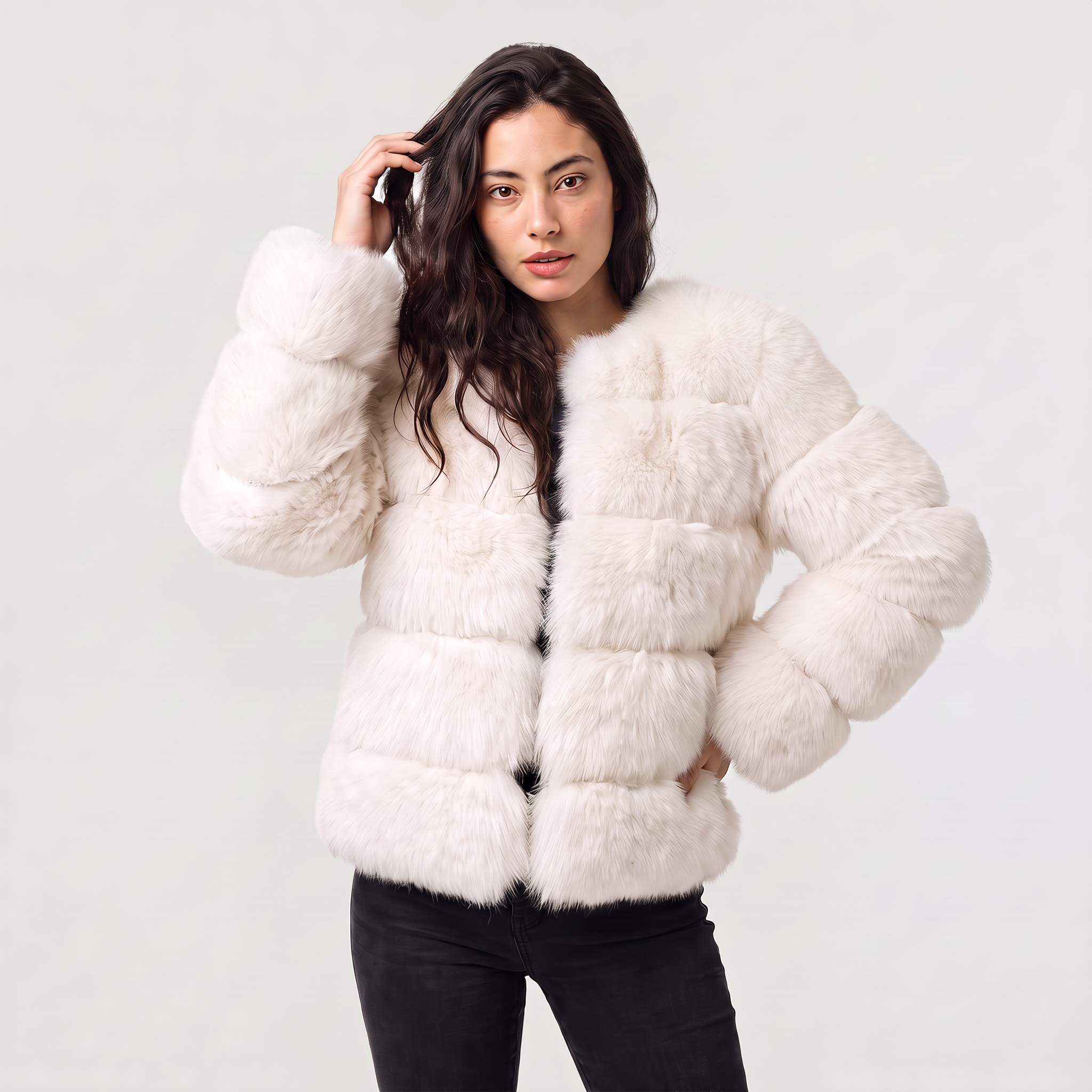 Women's faux fur jacket featuring a concealed fastening, designed for a relaxed fit and hip-length styling, perfect for fashionable layering in cool weather. 0