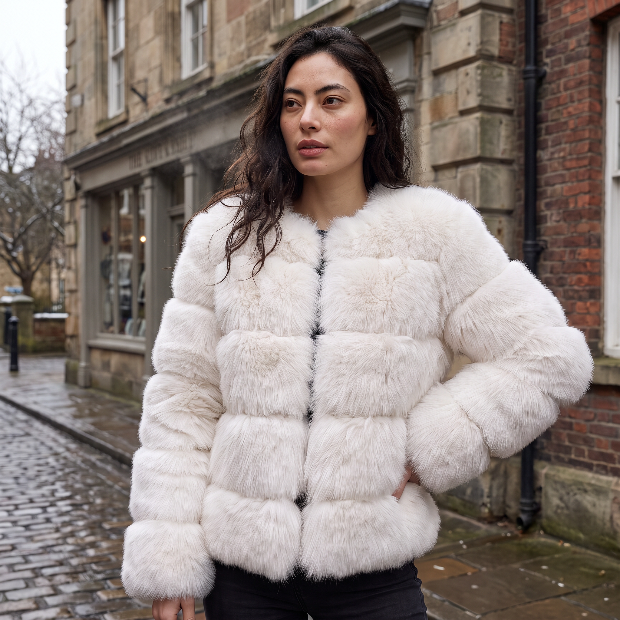 Women's faux fur jacket featuring a concealed fastening, designed for a relaxed fit and hip-length styling, perfect for fashionable layering in cool weather. 2