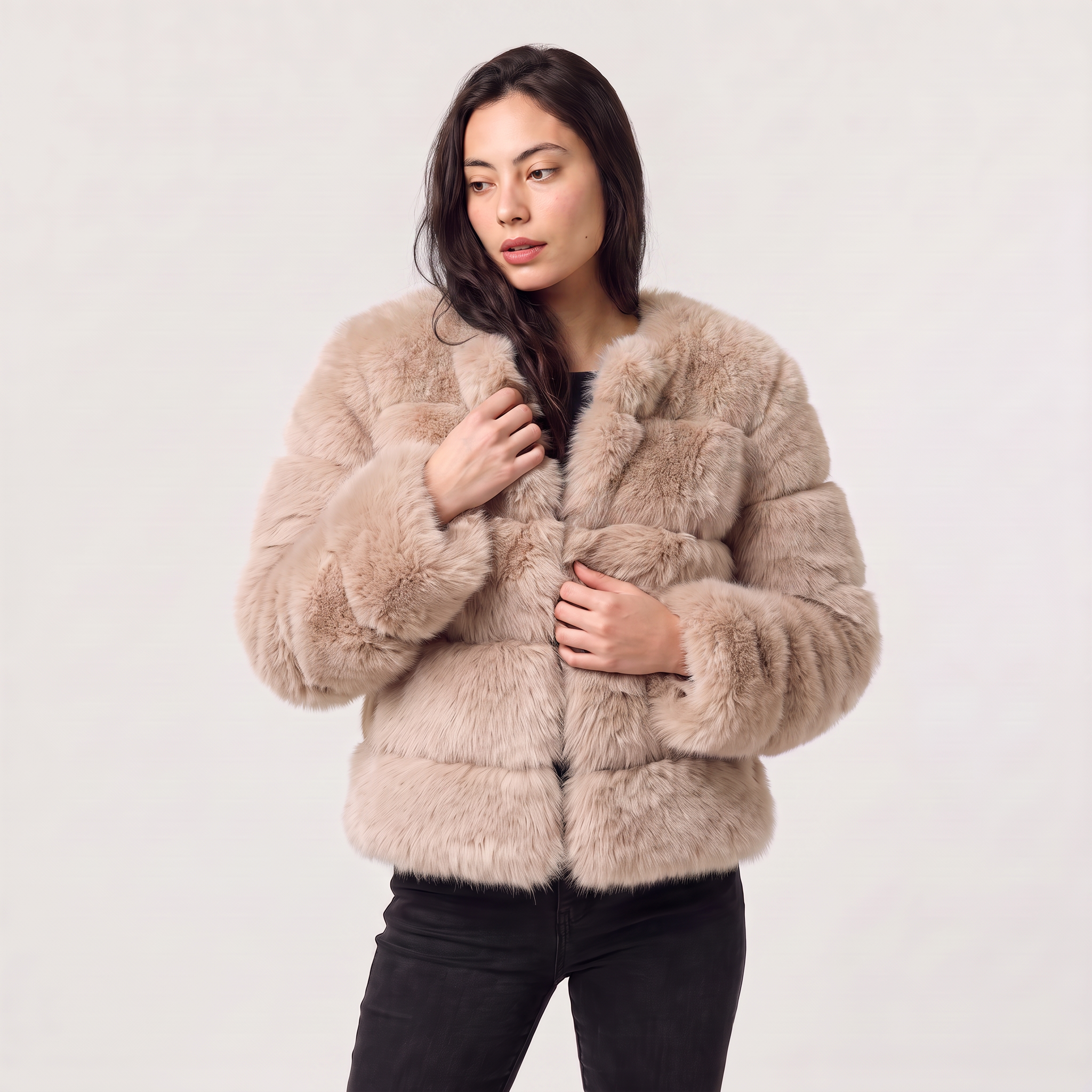 Women's faux fur jacket featuring a concealed fastening, designed for a relaxed fit and hip-length styling, perfect for fashionable layering in cool weather. 9