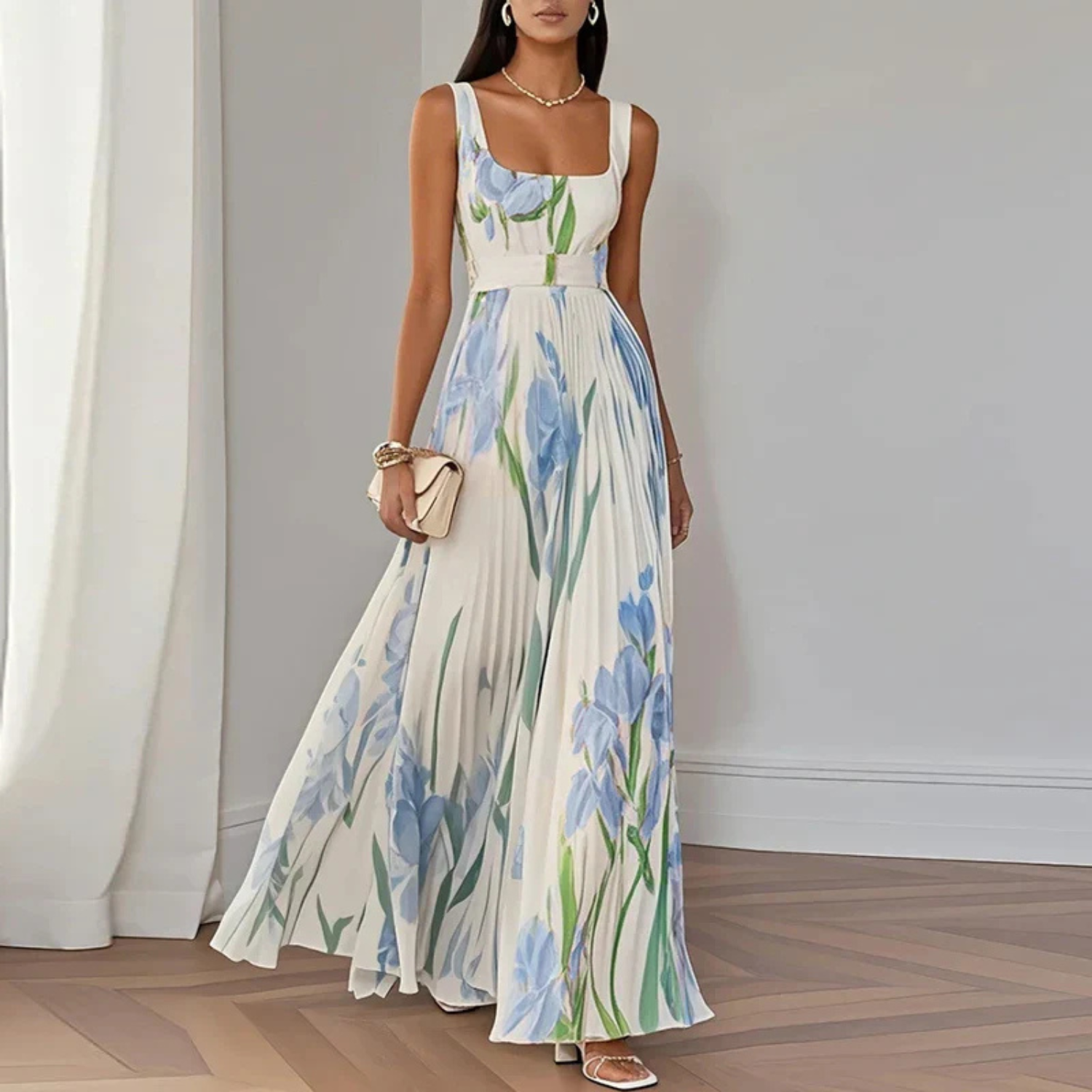 Women's floral maxi dress featuring a pleated skirt and square neckline, perfect for elegant summer events and weddings. 0