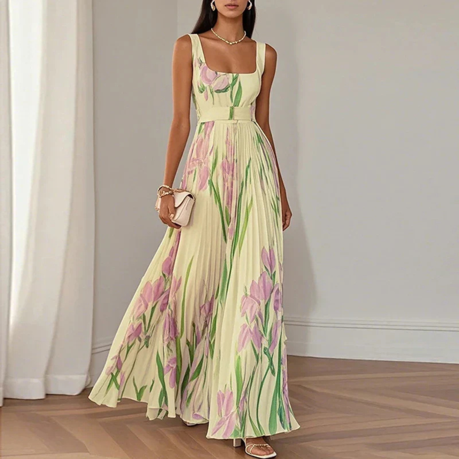 Women's floral maxi dress featuring a pleated skirt and square neckline, perfect for elegant summer events and weddings. 3