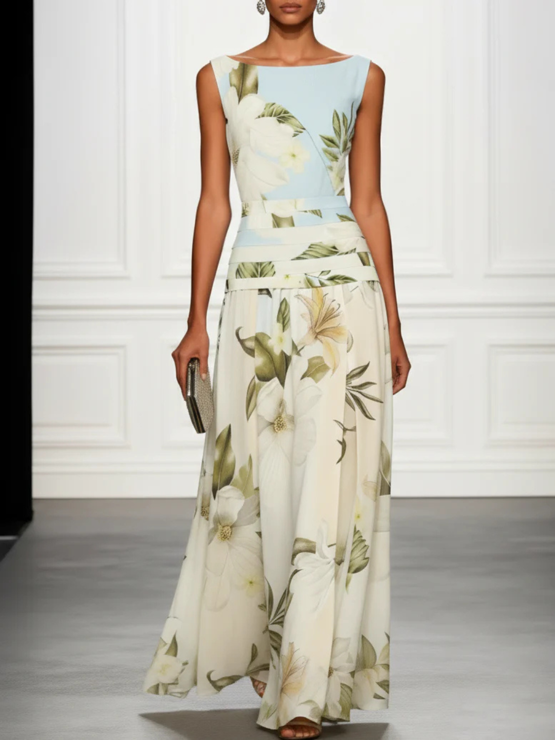 Women's floral maxi dress featuring a sleeveless design, perfect for summer weddings and formal events, made from elegant lightweight fabric. 0