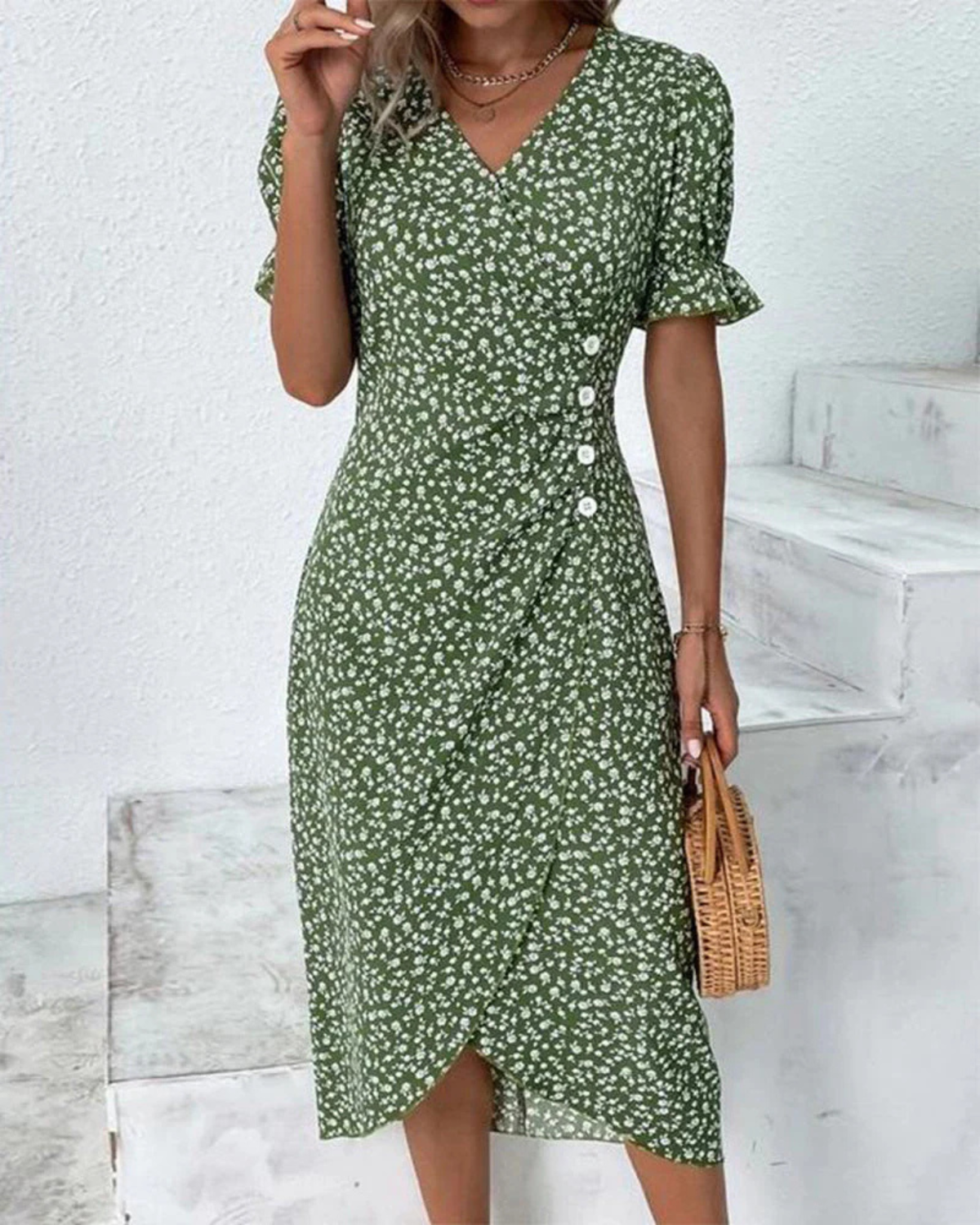 Women's floral midi dress featuring a wrap silhouette and V-neckline, perfect for summer wear; lightweight and comfortable fabric ideal for warm weather outings. 0