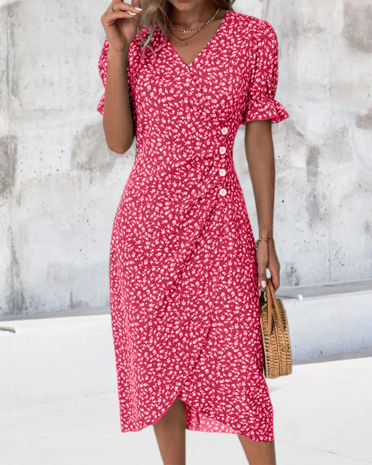 Women's floral midi dress featuring a wrap silhouette and V-neckline, perfect for summer wear; lightweight and comfortable fabric ideal for warm weather outings. 3