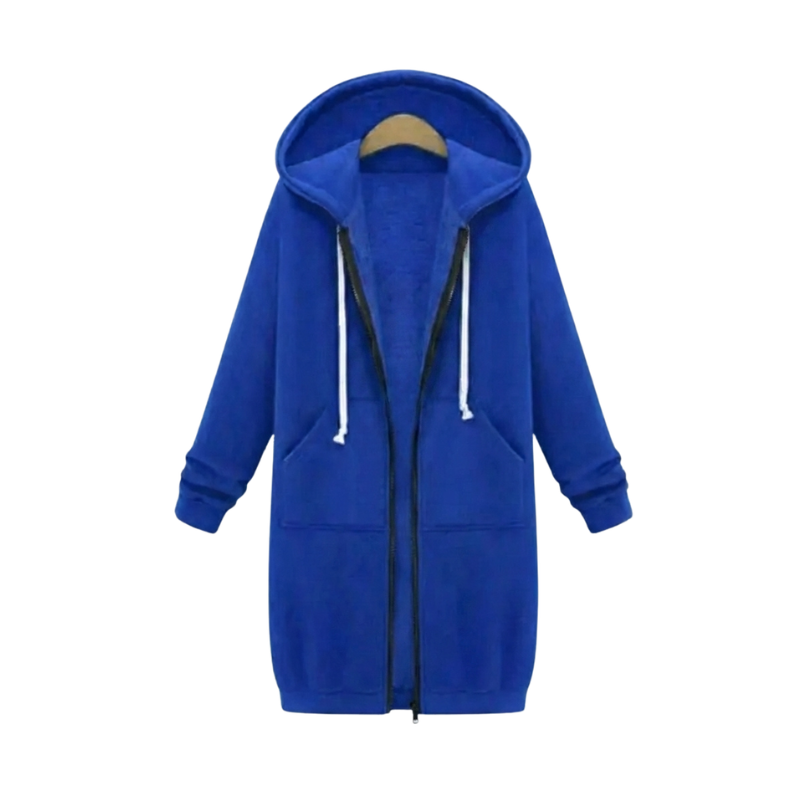 Women's longline cozy sweatshirt featuring an adjustable drawstring hood and front pockets, perfect for layering in cool weather. 1