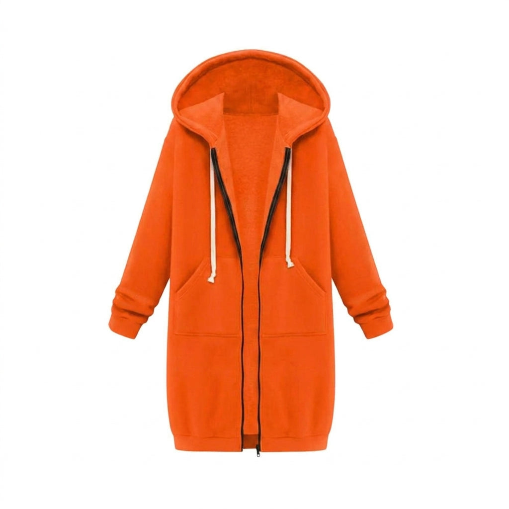 Women's longline cozy sweatshirt featuring an adjustable drawstring hood and front pockets, perfect for layering in cool weather. 4