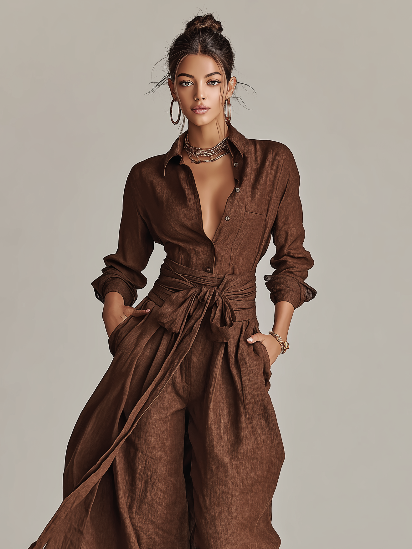 Women's jumpsuit featuring a stylish belt and shirt collar, crafted from a breathable cotton-linen blend, designed with long sleeves for versatility and comfort. 1