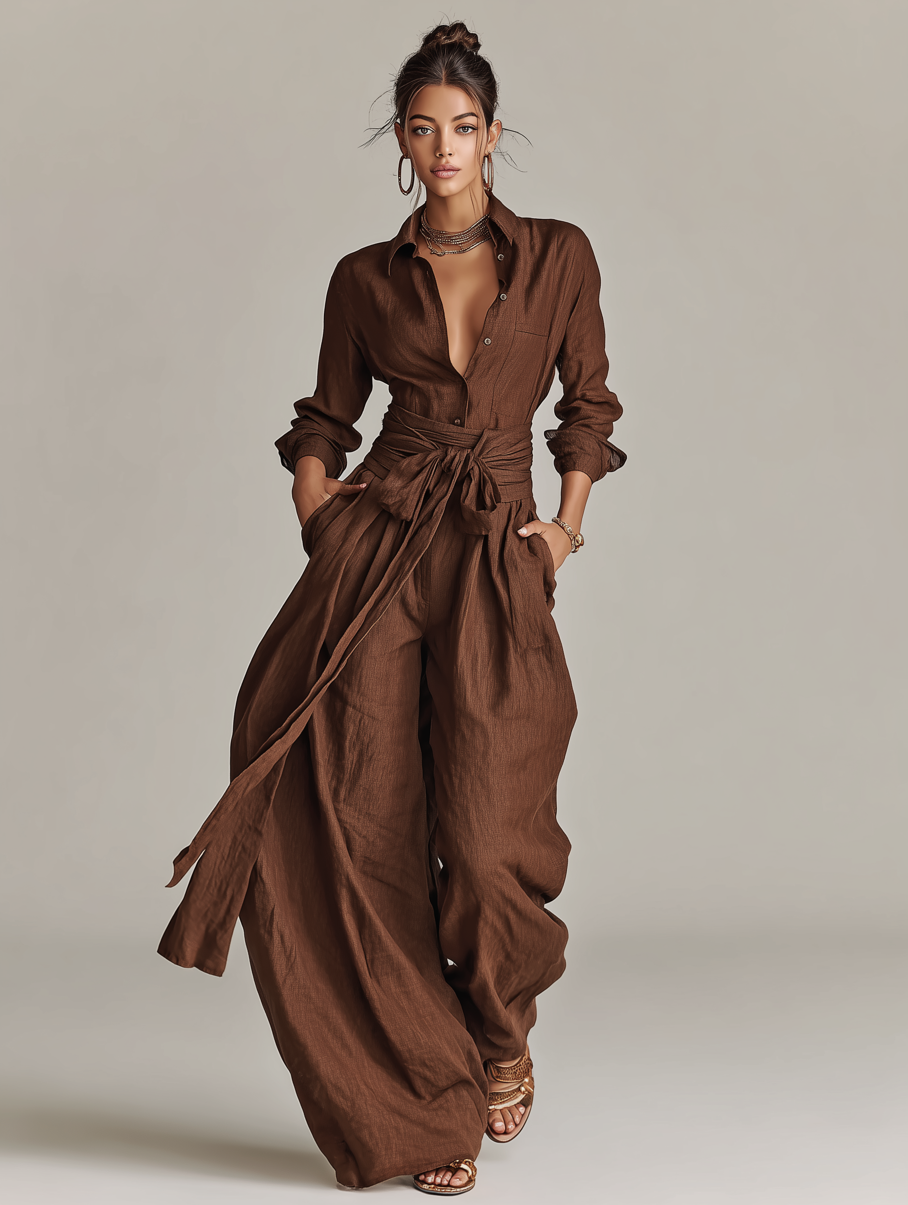 Women's jumpsuit featuring a stylish belt and shirt collar, crafted from a breathable cotton-linen blend, designed with long sleeves for versatility and comfort. 2