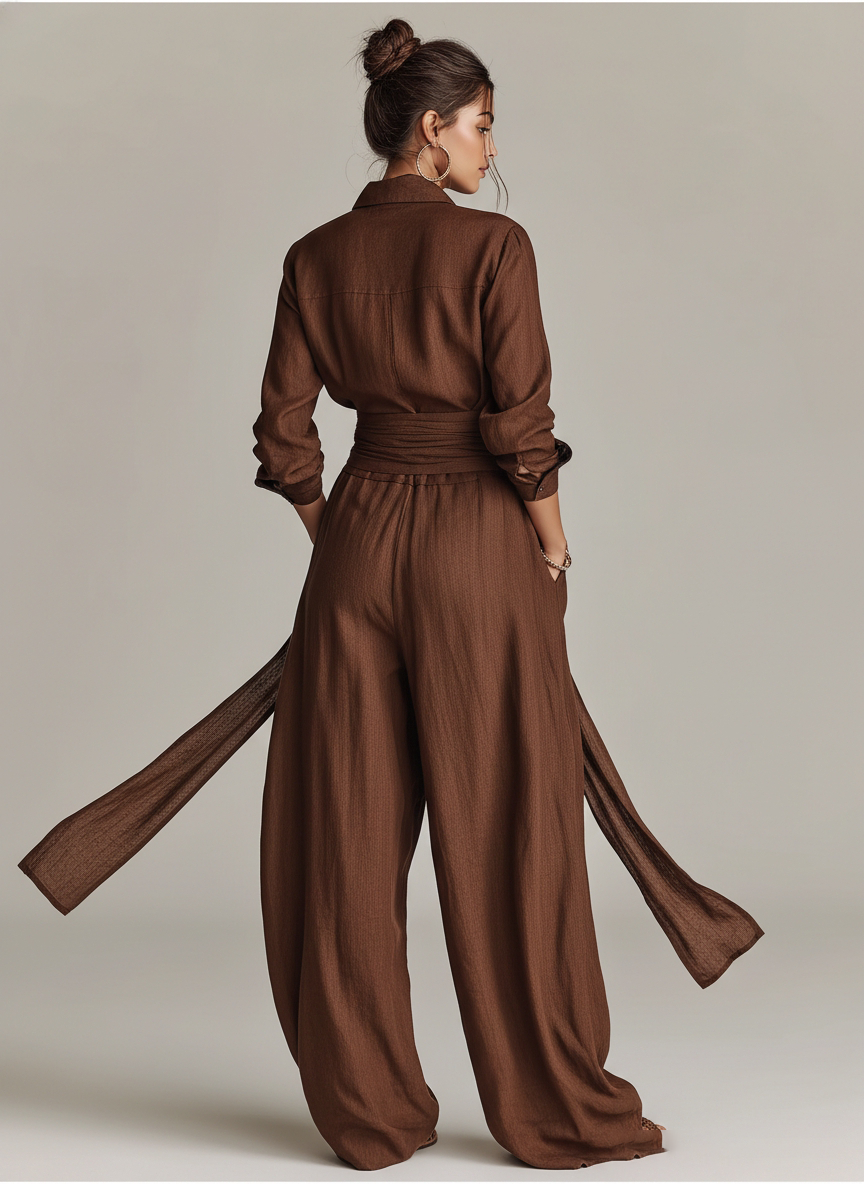 Women's jumpsuit featuring a stylish belt and shirt collar, crafted from a breathable cotton-linen blend, designed with long sleeves for versatility and comfort. 5