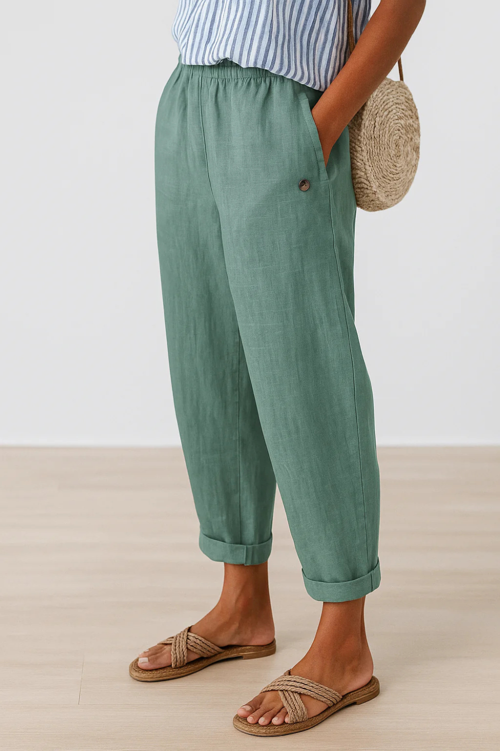 Women's linen pants featuring an elastic waistband and tapered design, perfect for casual wear; breathable and lightweight fabric ideal for warm weather. 3