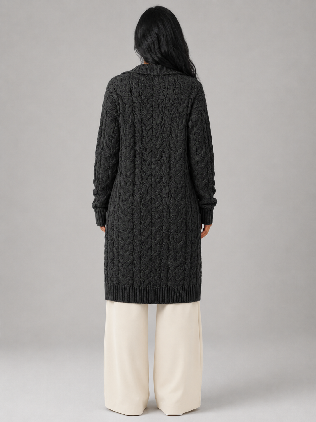 Women's long cardigan sweater featuring a cozy hood and functional pockets, designed with a chunky cable knit pattern and an open front for a stylish and comfortable look. 7