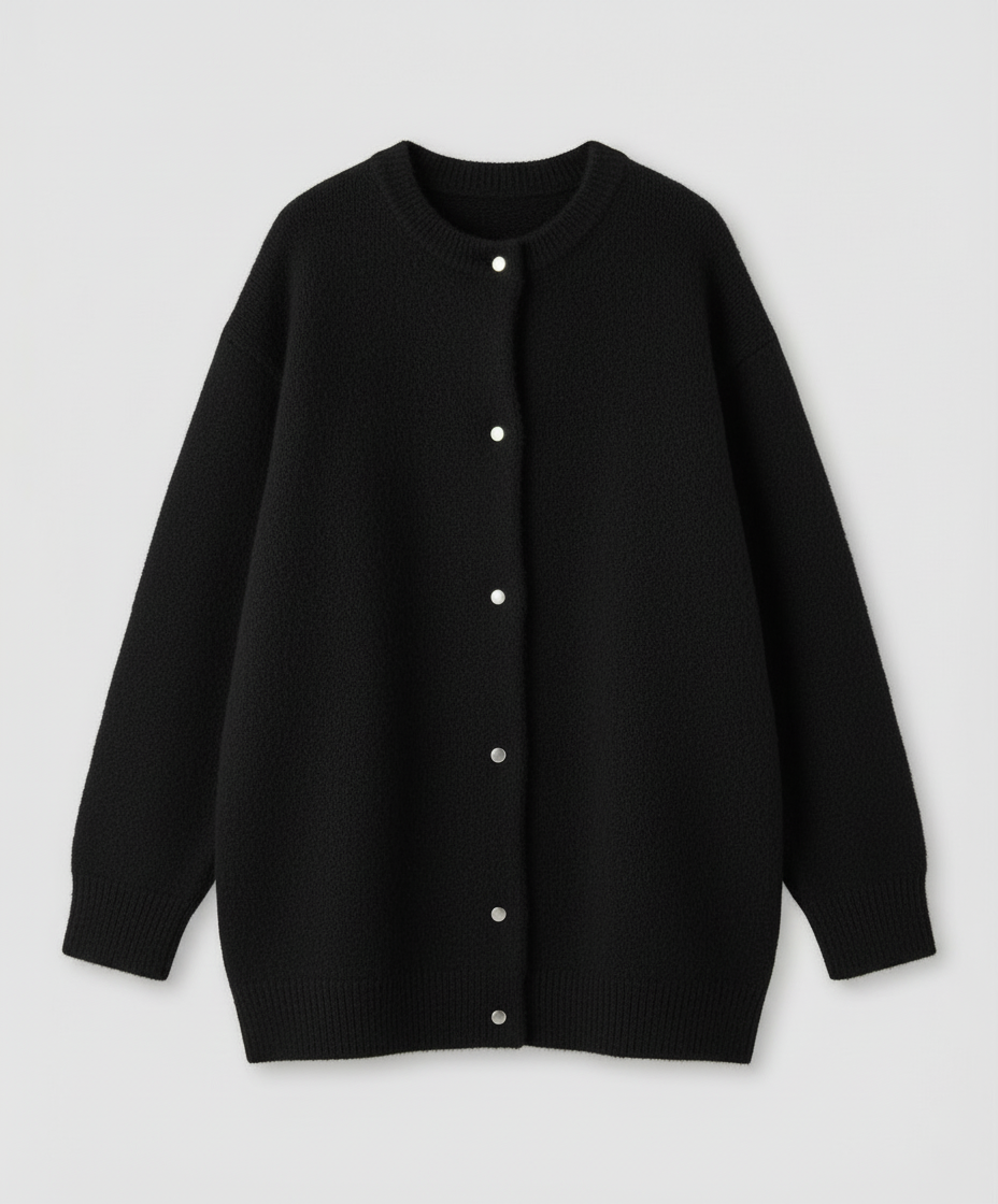 Women's long black cardigan featuring a button front design, crafted from soft brushed knit for comfort and style. 5