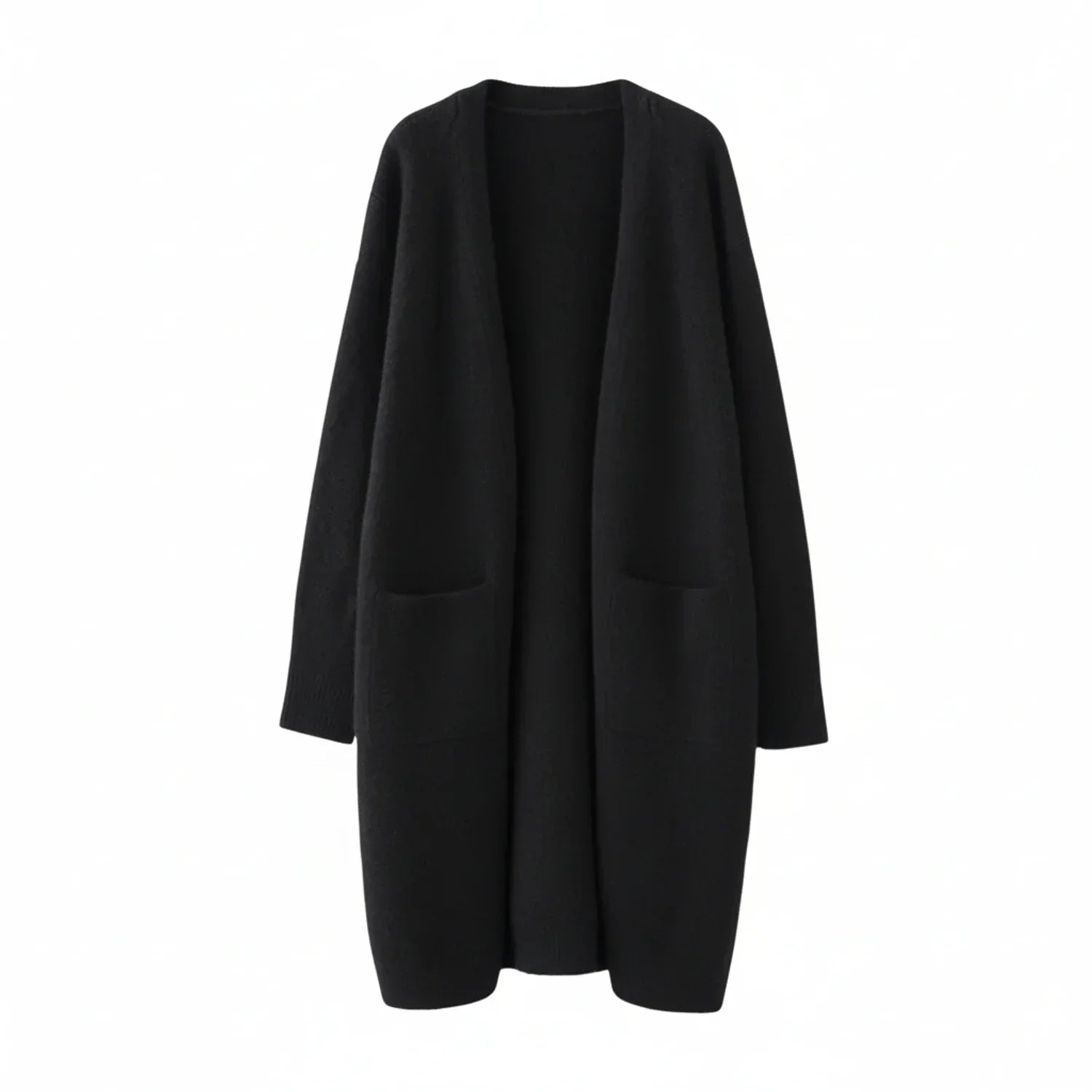 Women's long black cardigan with pockets, featuring a soft knit fabric and relaxed fit, perfect for layering and casual wear. 0