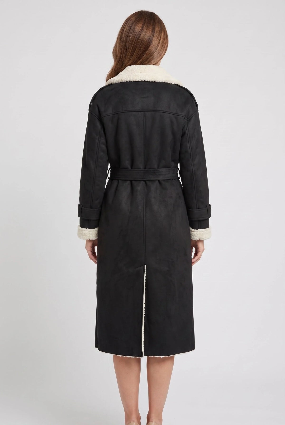 Women's Longline Aviator Coat featuring Borg trims and a self-tie belt, designed in a stylish leather-look perfect for winter fashion. 1