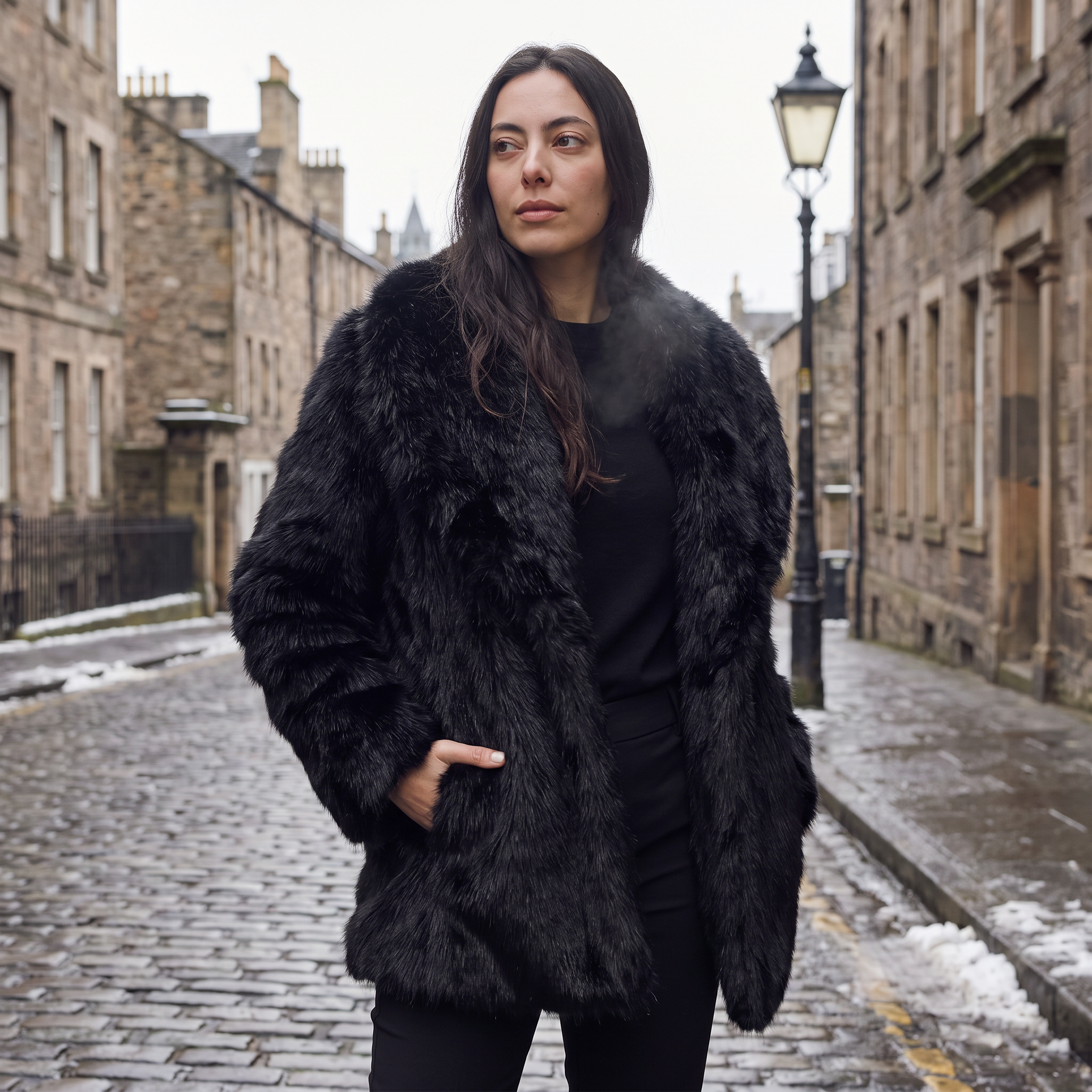 Women's longline faux fur coat featuring an oversized collar and a relaxed open-front design, perfect for stylish winter wear. 1