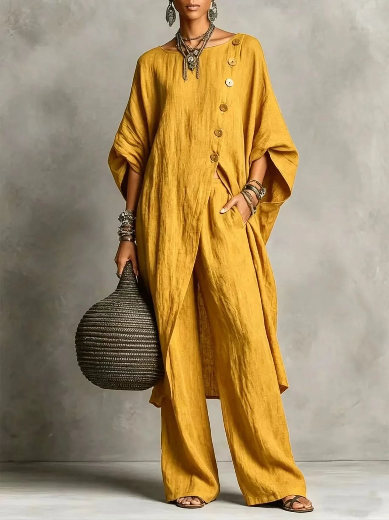 Women's vintage-inspired loungewear set featuring a batwing sleeve tunic and wide-leg pants, perfect for casual relaxation and comfort. 10