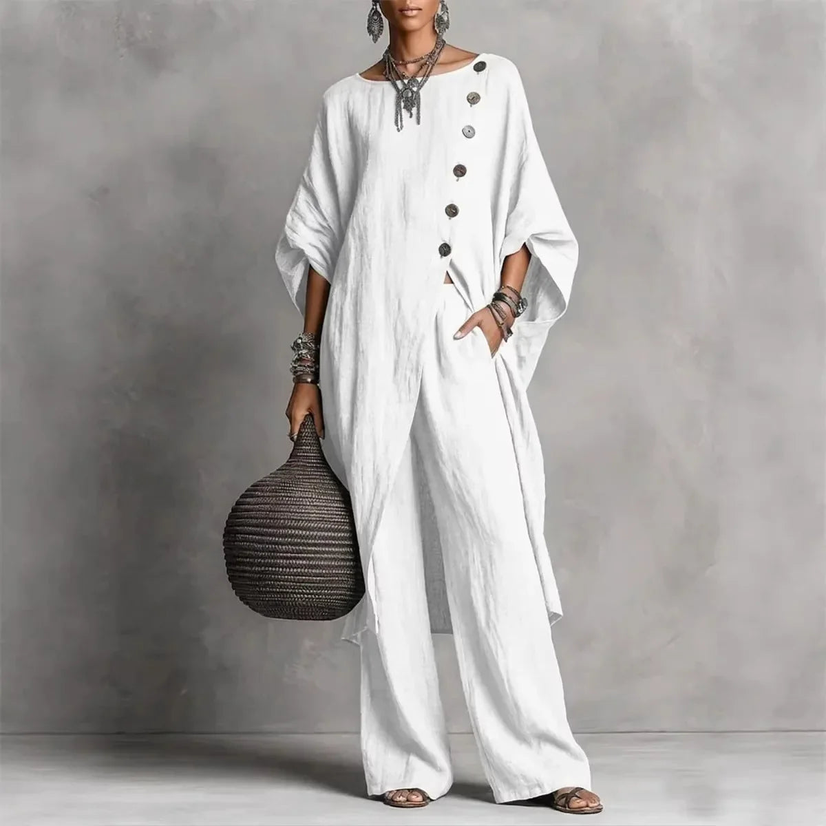 Women's vintage-inspired loungewear set featuring a batwing sleeve tunic and wide-leg pants, perfect for casual relaxation and comfort. 5
