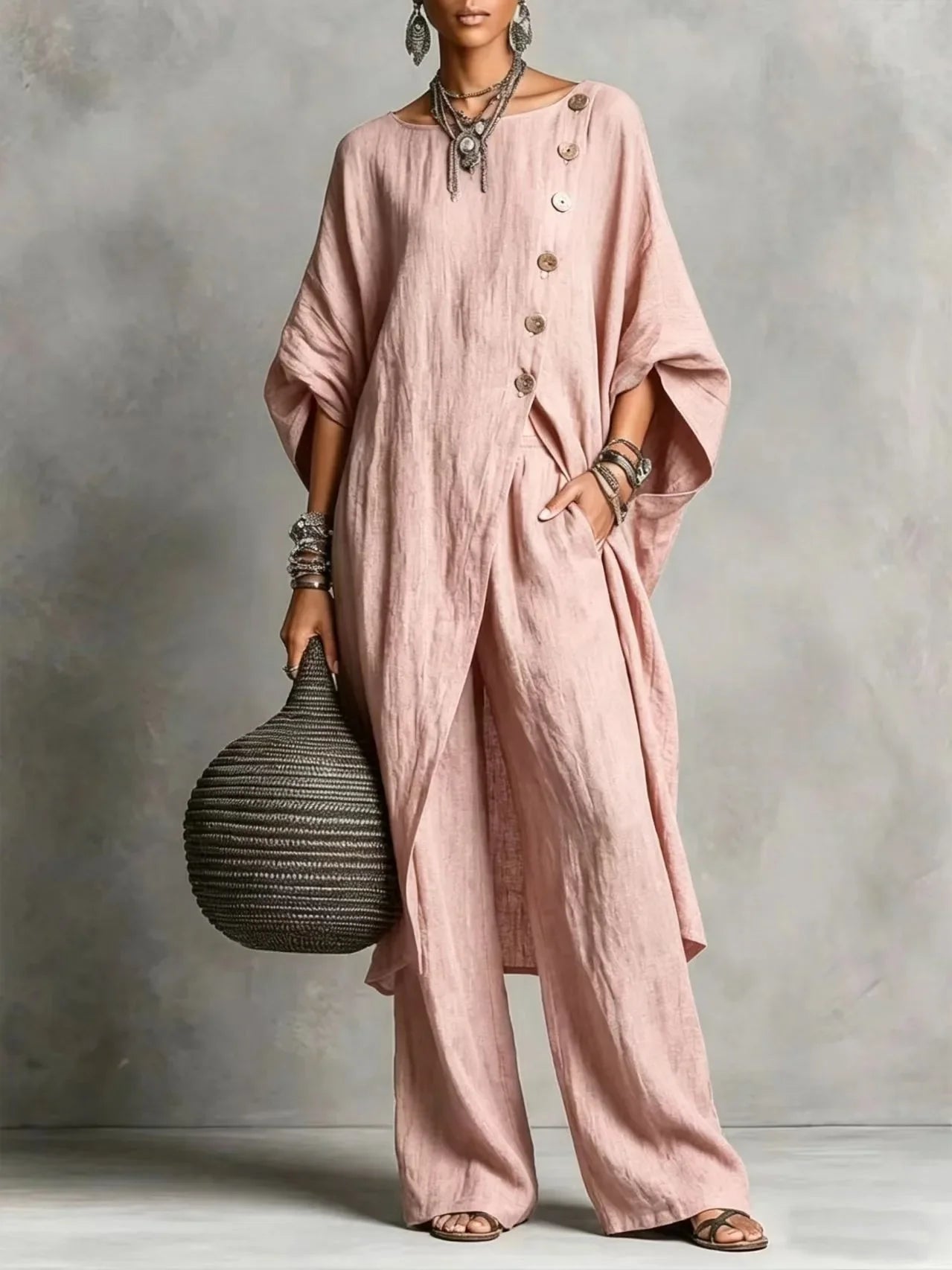 Women's vintage-inspired loungewear set featuring a batwing sleeve tunic and wide-leg pants, perfect for casual relaxation and comfort. 7