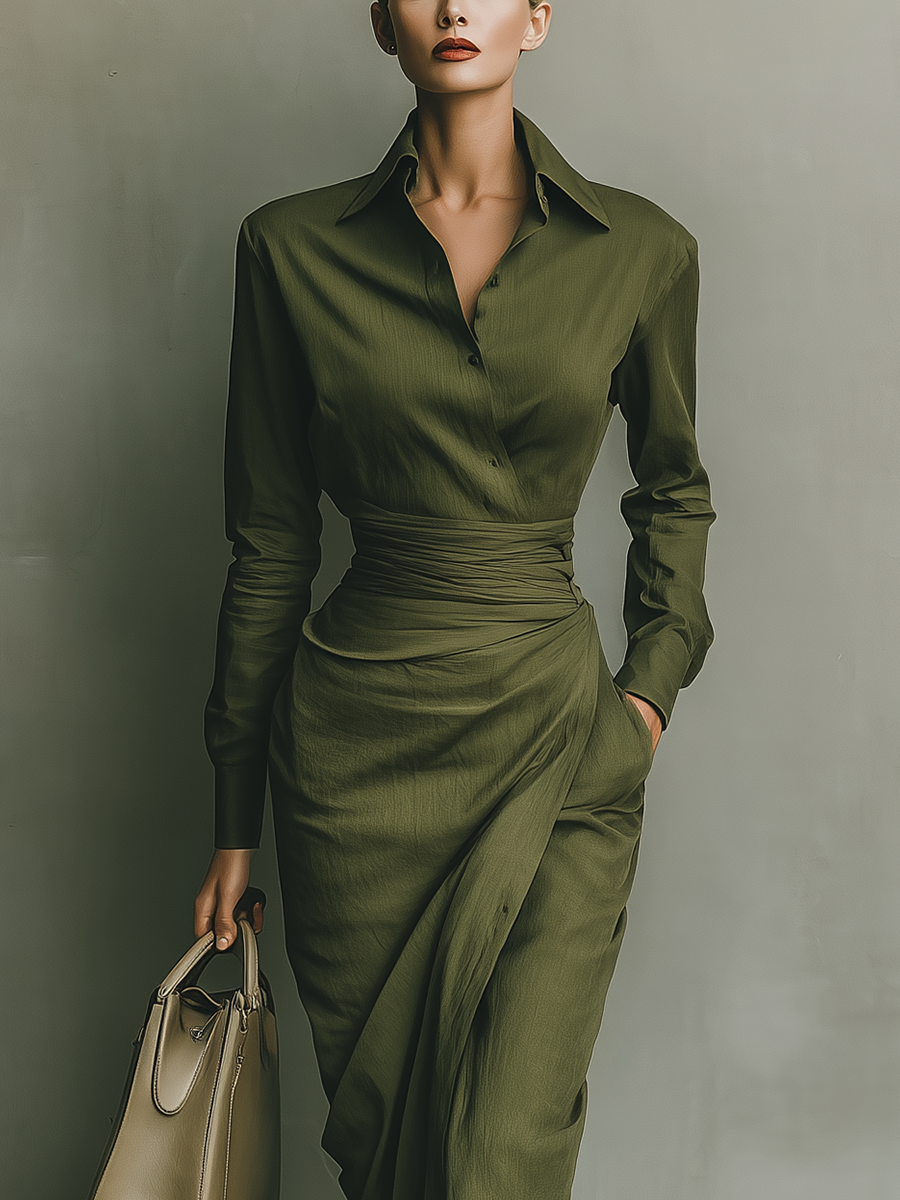Women's army green maxi dress featuring a draped skirt, crafted from a comfortable cotton blend, designed for a tailored fit ideal for both work and evening events 2