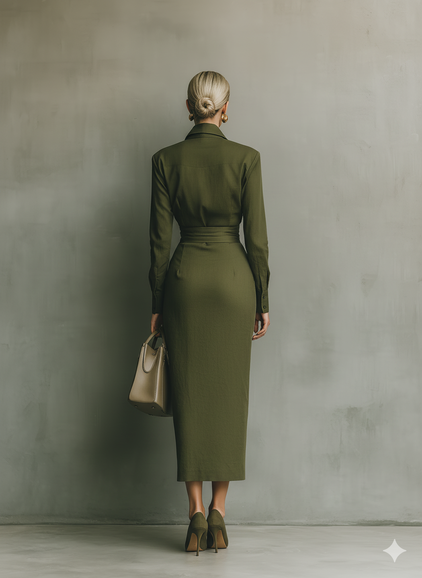Women's army green maxi dress featuring a draped skirt, crafted from a comfortable cotton blend, designed for a tailored fit ideal for both work and evening events 4