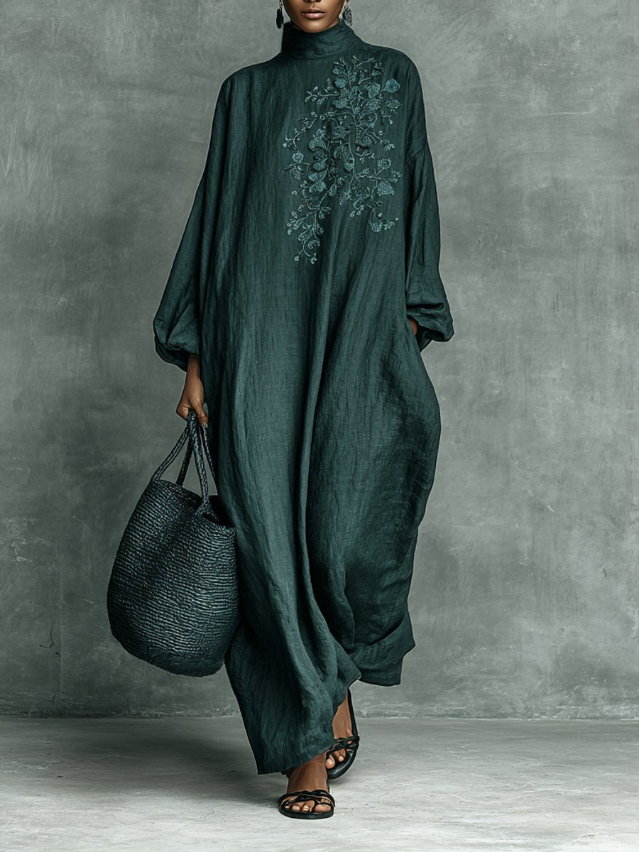 Women's maxi dress featuring a stylish mock neck and long sleeves, crafted from lightweight embroidered linen, perfect for summer outings and casual events. 0