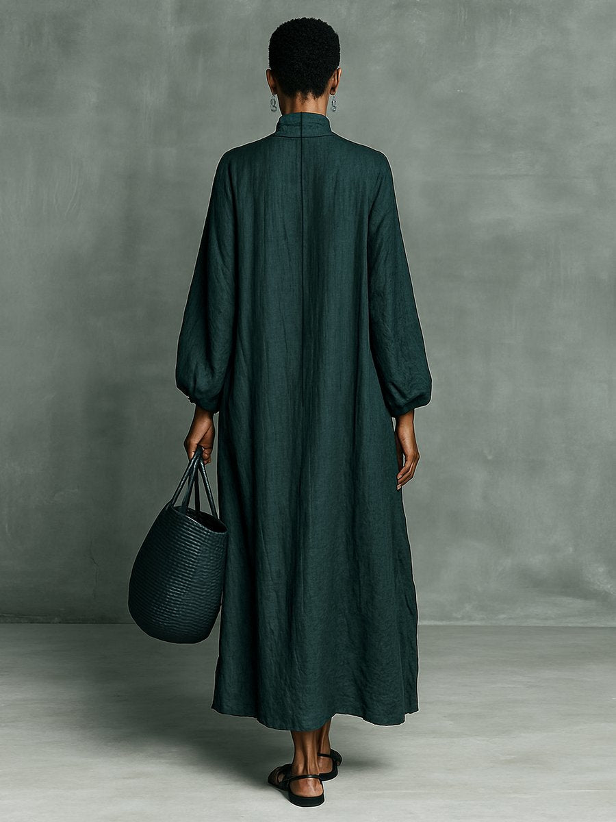 Women's maxi dress featuring a stylish mock neck and long sleeves, crafted from lightweight embroidered linen, perfect for summer outings and casual events. 1