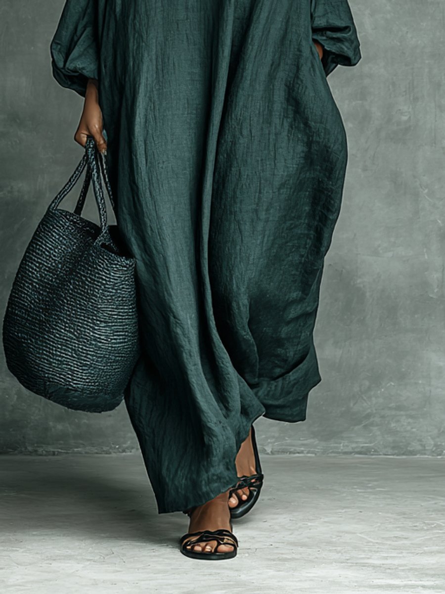 Women's maxi dress featuring a stylish mock neck and long sleeves, crafted from lightweight embroidered linen, perfect for summer outings and casual events. 2