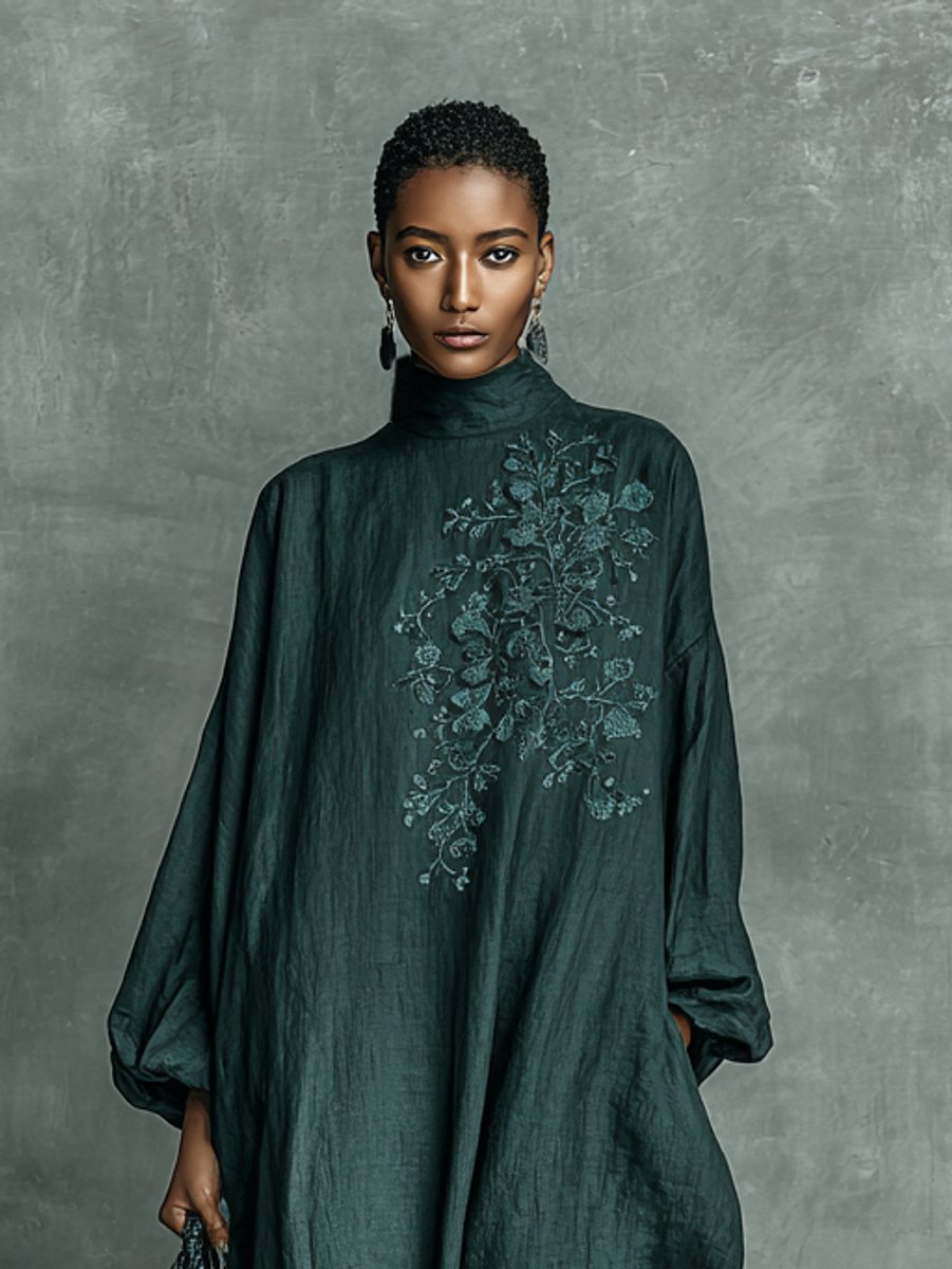 Women's maxi dress featuring a stylish mock neck and long sleeves, crafted from lightweight embroidered linen, perfect for summer outings and casual events. 3
