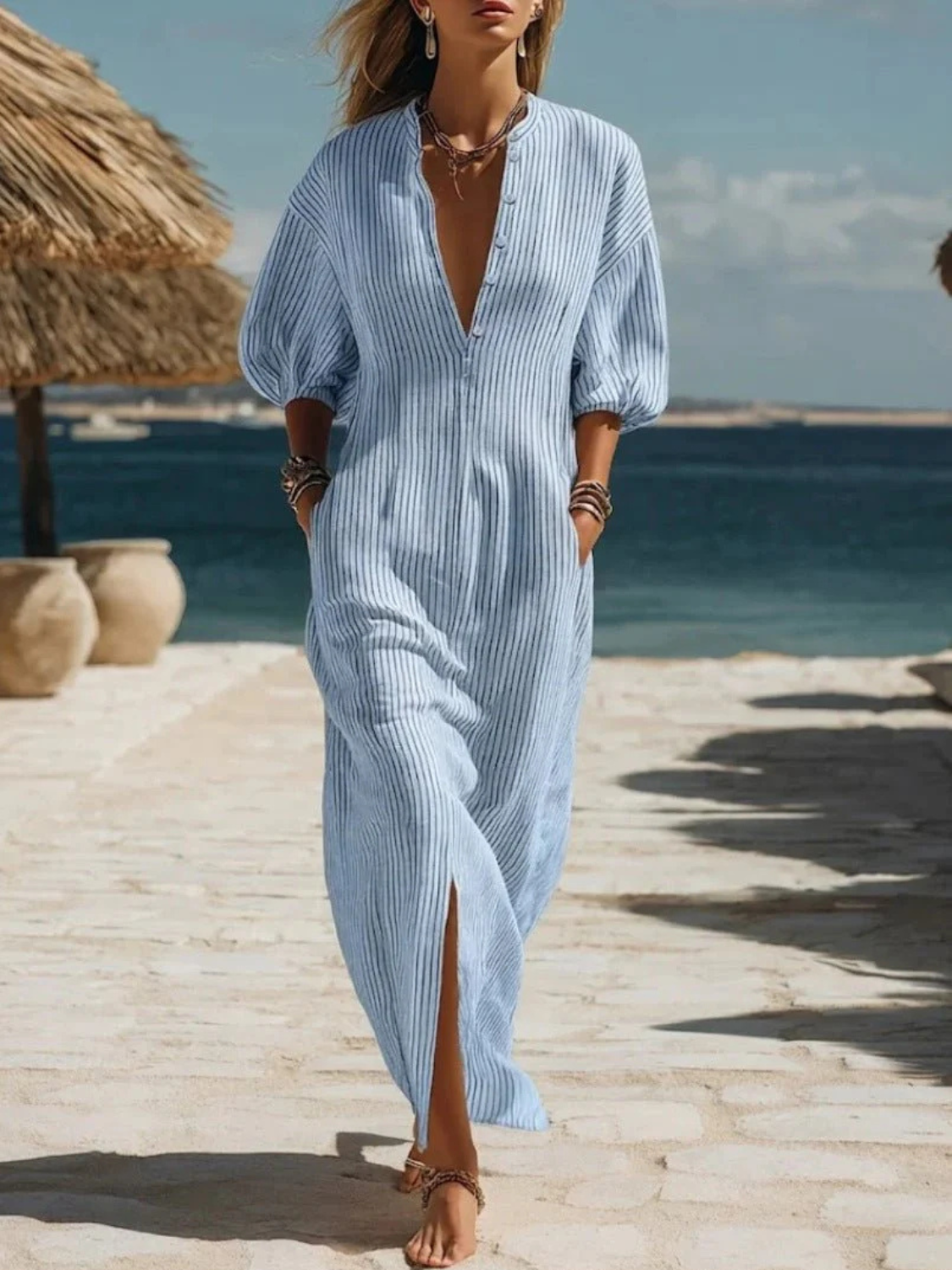 Women's maxi dress featuring a striped button-down front, side pockets, and a lightweight breathable design, perfect for summer wear. 3