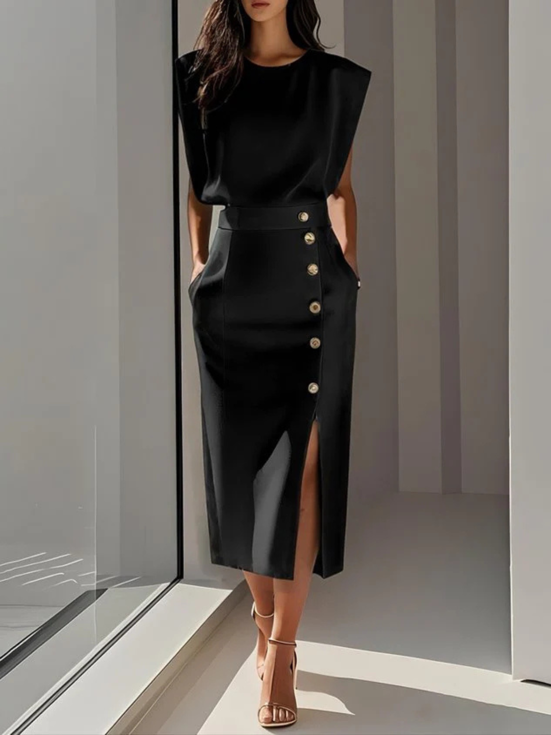 Women's midi dress featuring stylish button detail and a front slit, designed for elegance with sleeveless design and functional side pockets. 5
