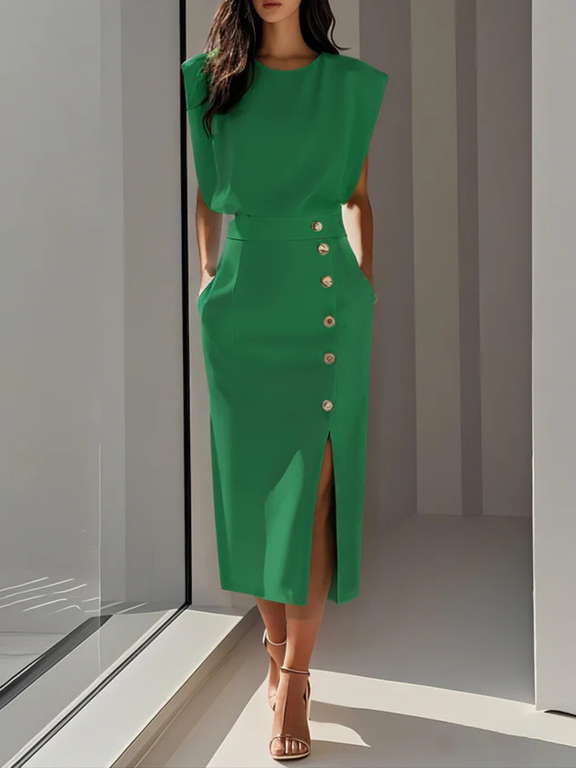 Women's midi dress featuring stylish button detail and a front slit, designed for elegance with sleeveless design and functional side pockets. 6