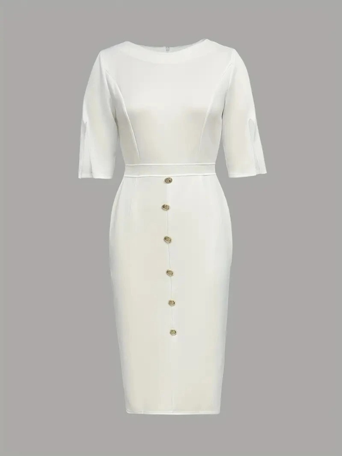 Women's midi dress featuring a tailored fit, stylish button detail, and elegant split sleeves, perfect for formal occasions. 4