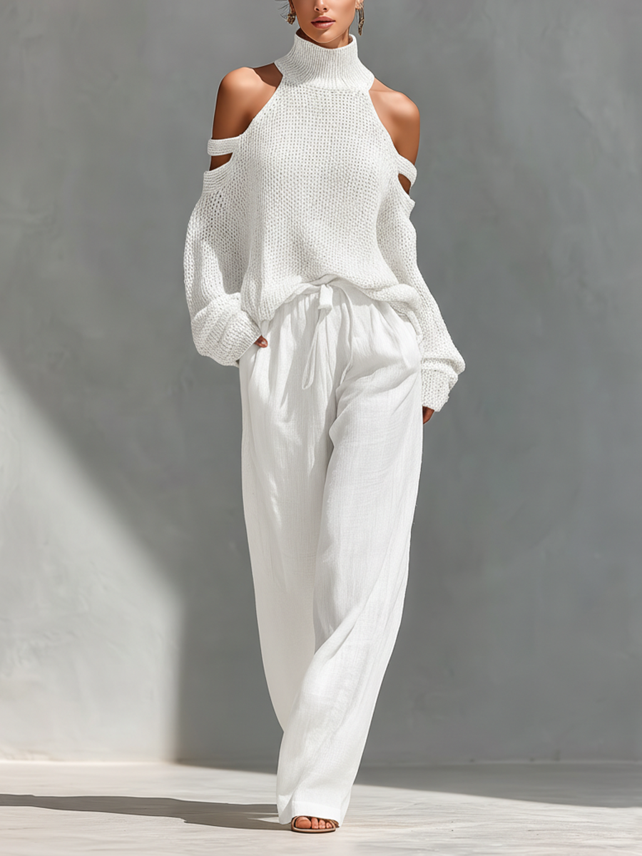 Women's outfit set featuring a beige cold-shoulder knit turtleneck top paired with wide-leg pants, showcasing a modern and comfortable style perfect for casual 3