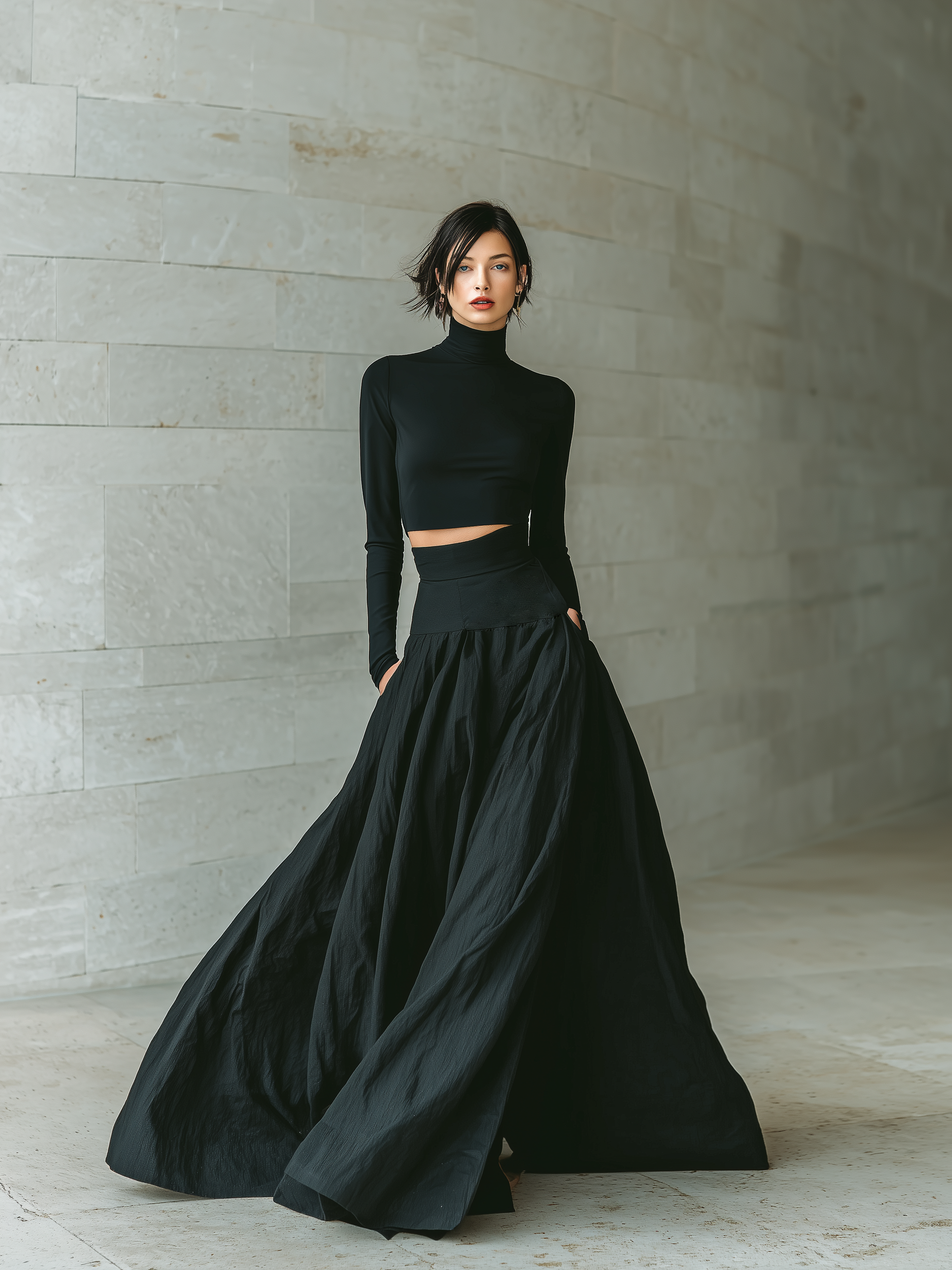 Women's outfit set featuring a fitted turtleneck cropped top and long skirt in black, designed with stretch knit material for a minimalist look. 2