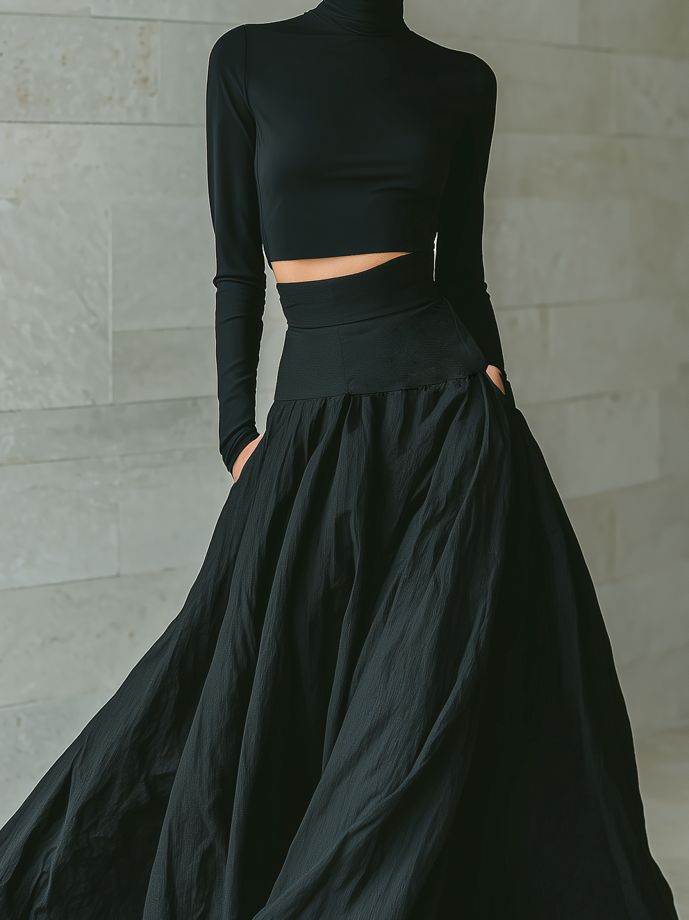 Women's outfit set featuring a fitted turtleneck cropped top and long skirt in black, designed with stretch knit material for a minimalist look. 3