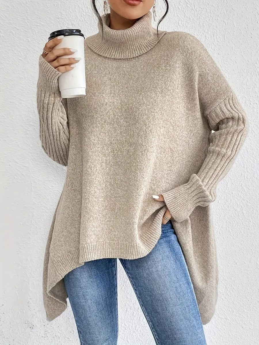 Women's oversized sweater featuring a high ribbed collar and longline knit design, available in ocean blue, stone grey, espresso brown, pine green, and 4