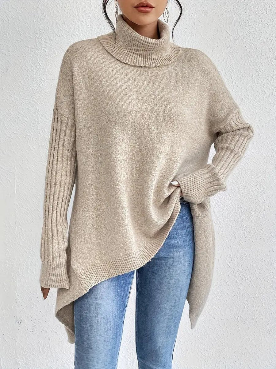 Women's oversized sweater featuring a high ribbed collar and longline knit design, available in ocean blue, stone grey, espresso brown, pine green, and 5