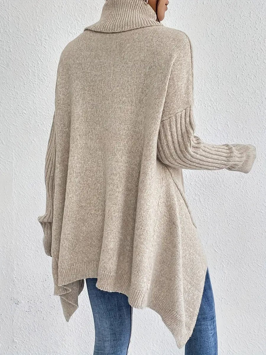 Women's oversized sweater featuring a high ribbed collar and longline knit design, available in ocean blue, stone grey, espresso brown, pine green, and 8