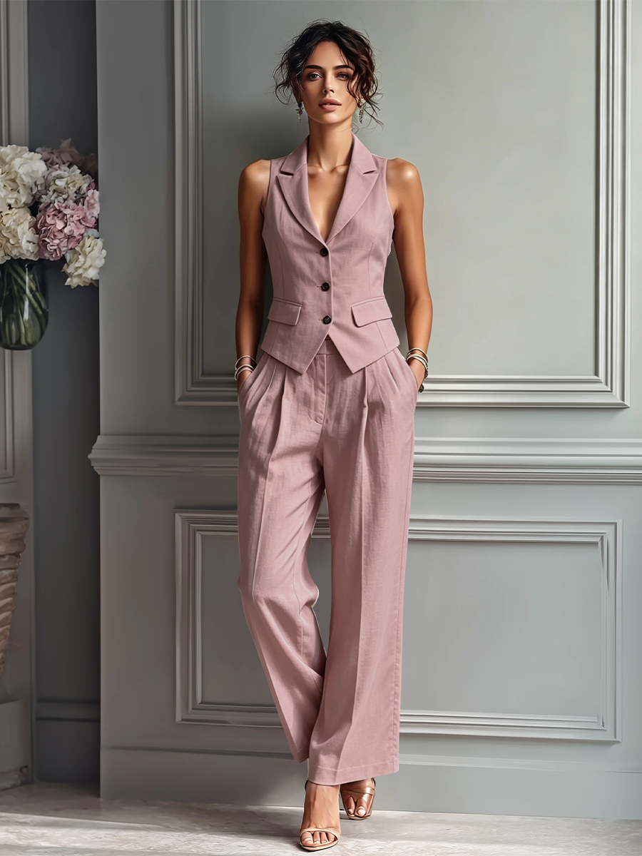Women's blush pink linen set featuring a sleeveless vest and wide-leg pants, designed for a relaxed fit and comfortable style. 1