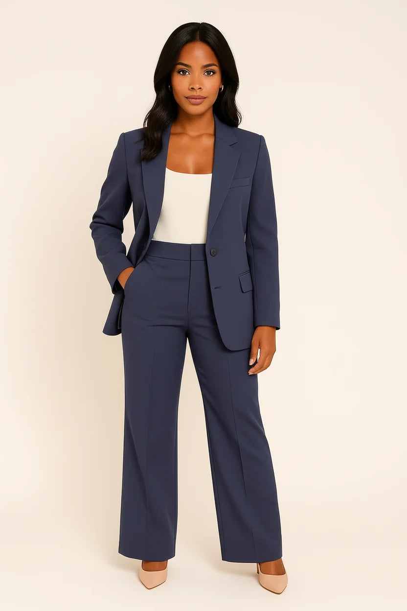 Women's tailored fit suit set in elegant autumn winter style, featuring a structured design perfect for work and formal events. 4