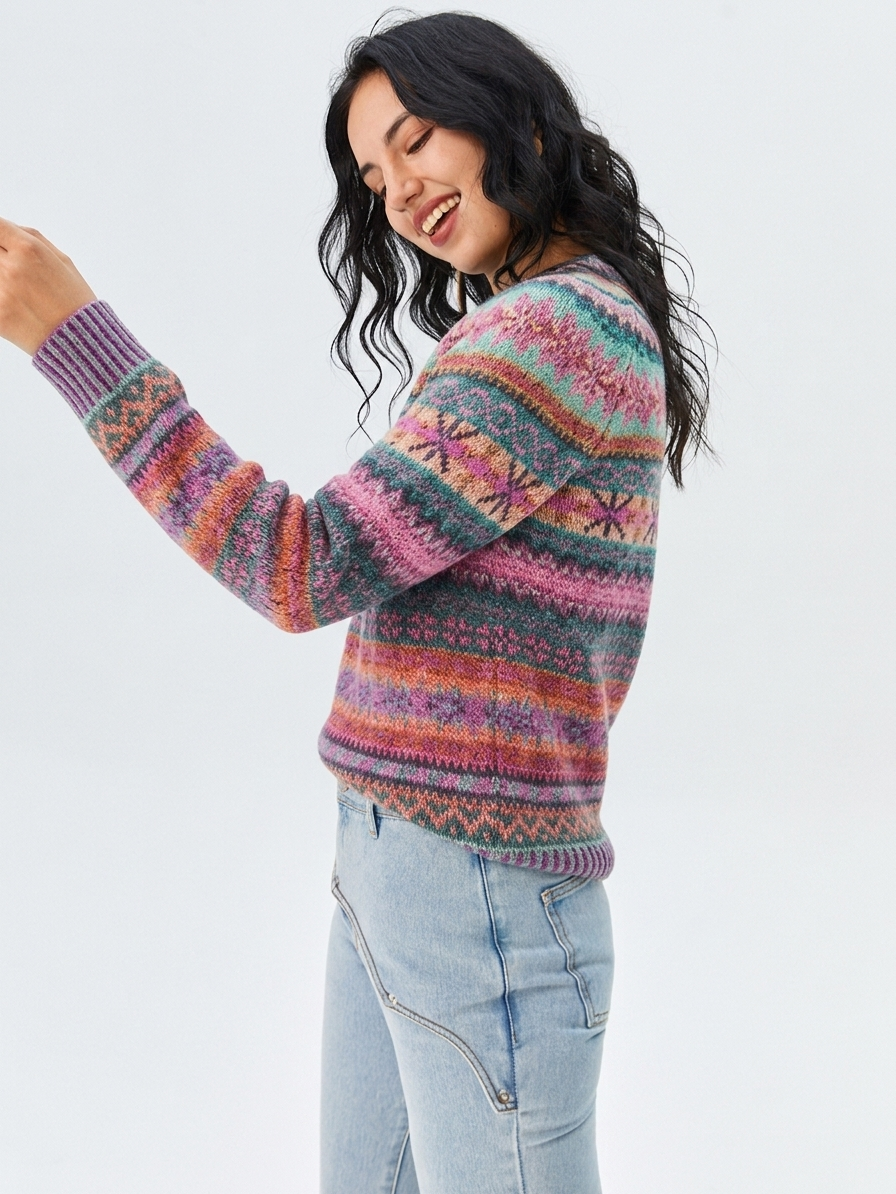 Women's relaxed fit multicolor pullover sweater featuring a crew neck and Fair-Isle knit design, perfect for fall and winter wear. 1